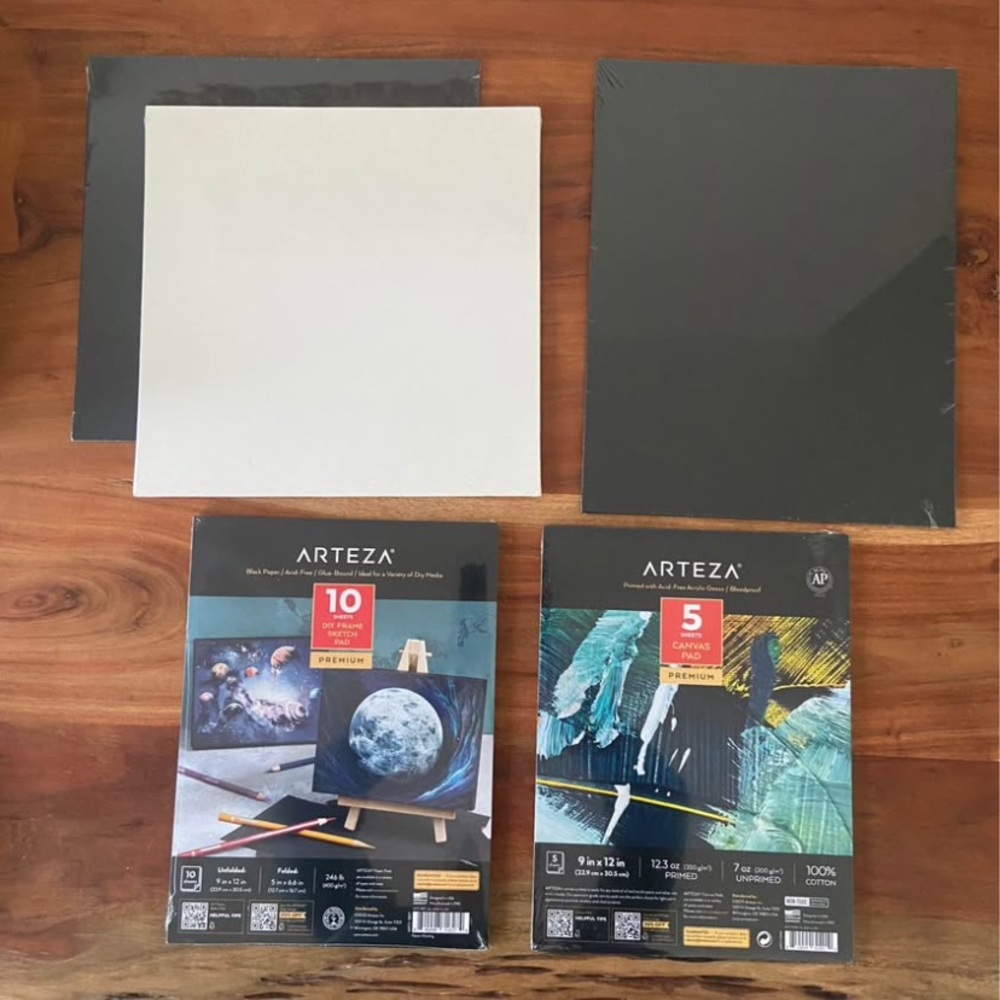 Bundle of arteza art supplies canvas pads, panels black sketch pad 12x12 11x14